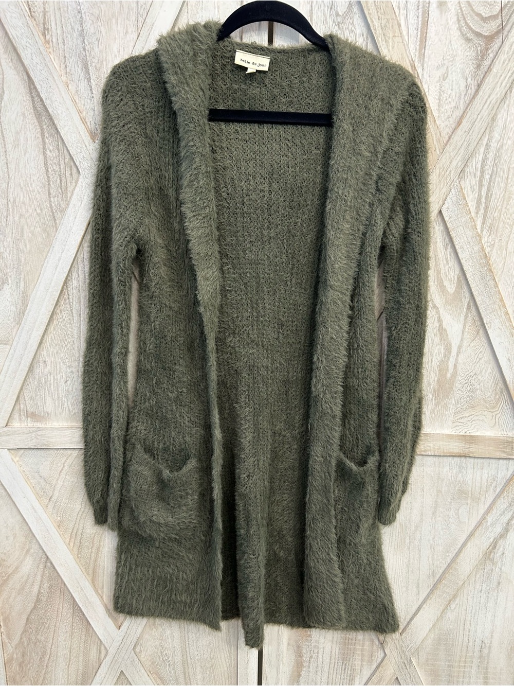 Belle Du Jour Olive Green Fuzzy Open-Front Cardigan with Pockets